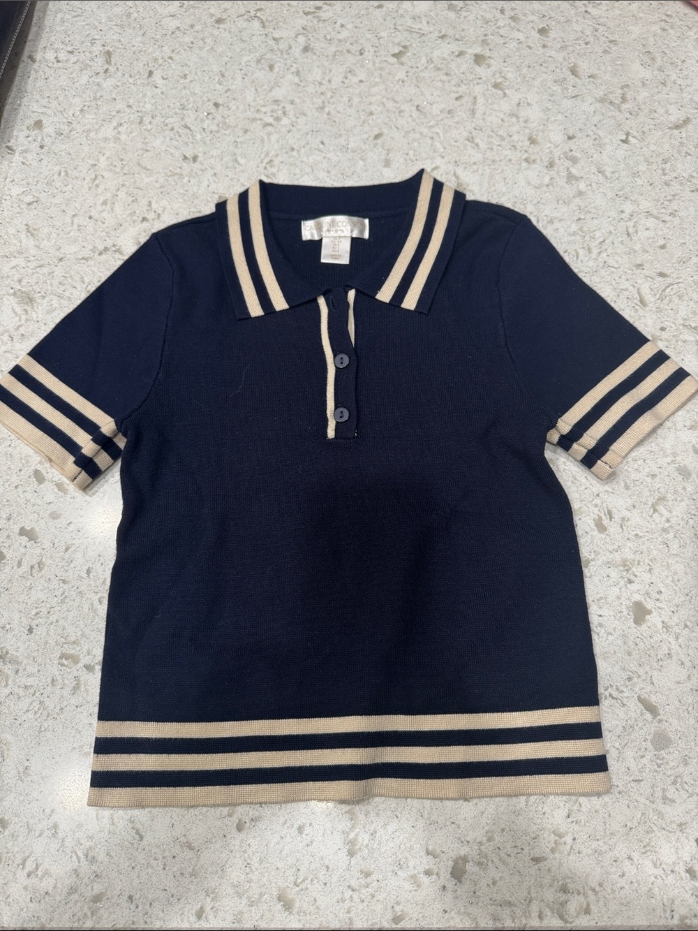 Caroline Constas Navy Striped Knit Polo Top Preppy Old Money S
